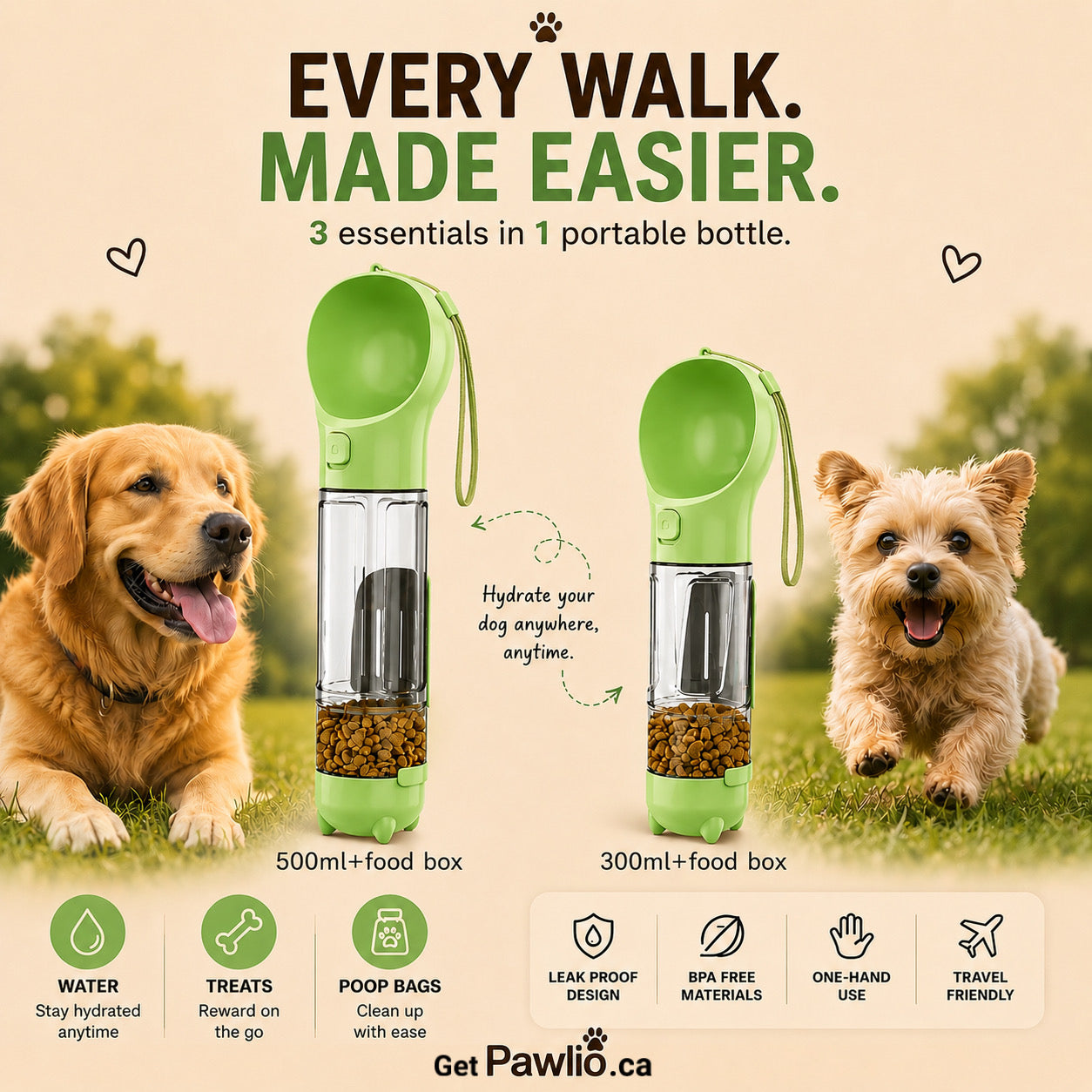 Dog water bottle with food box on a natural background, featuring two dogs.