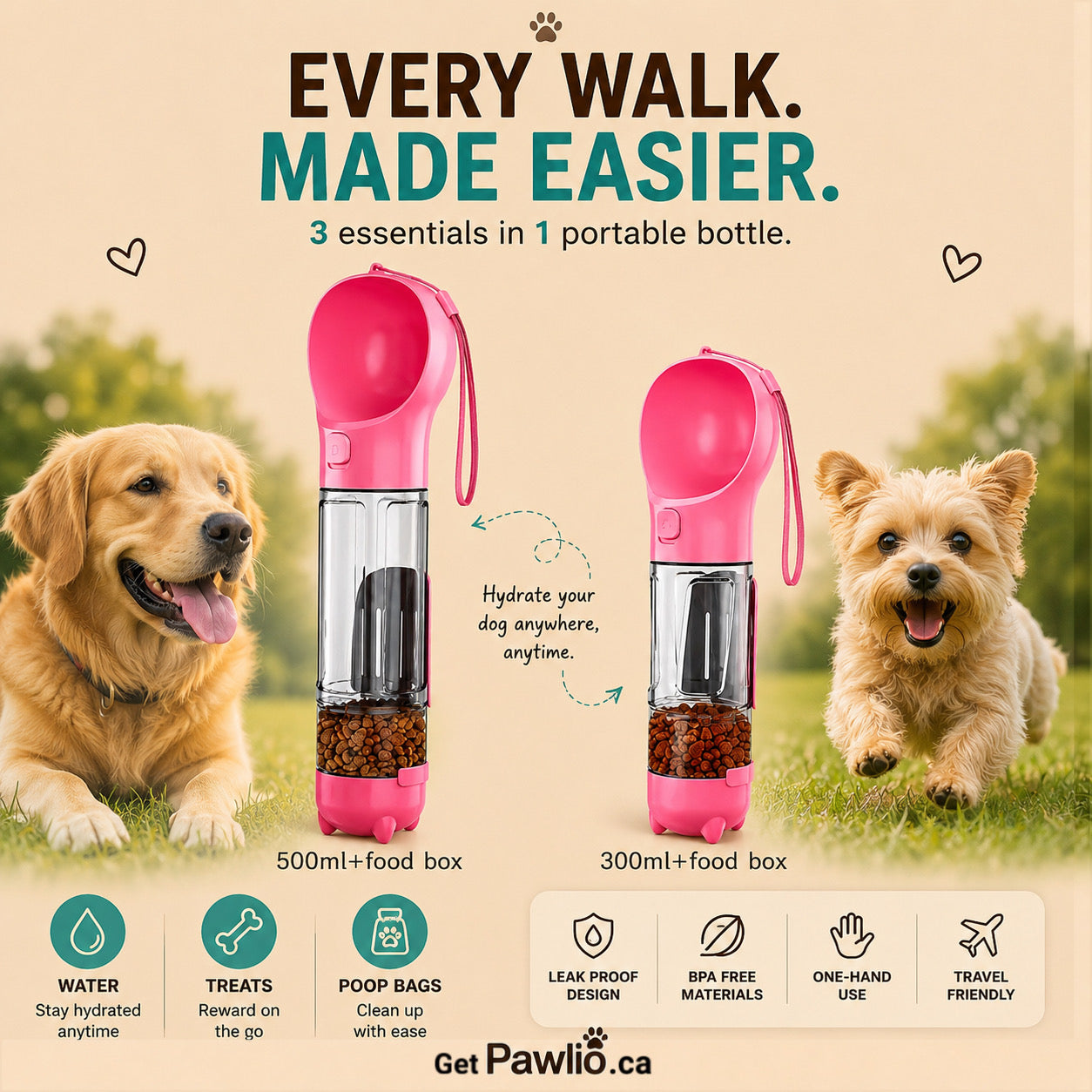Dog water bottle with food box on a grassy background, featuring two dogs.