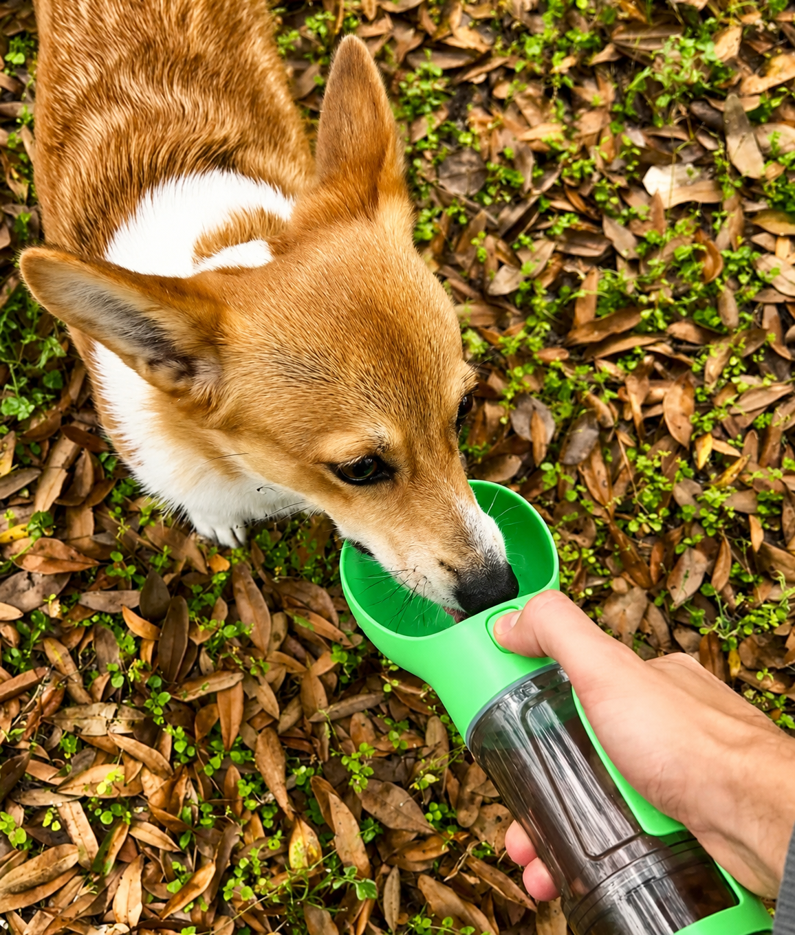 Dog drinking from a green pet water bottle on a grassy ground.