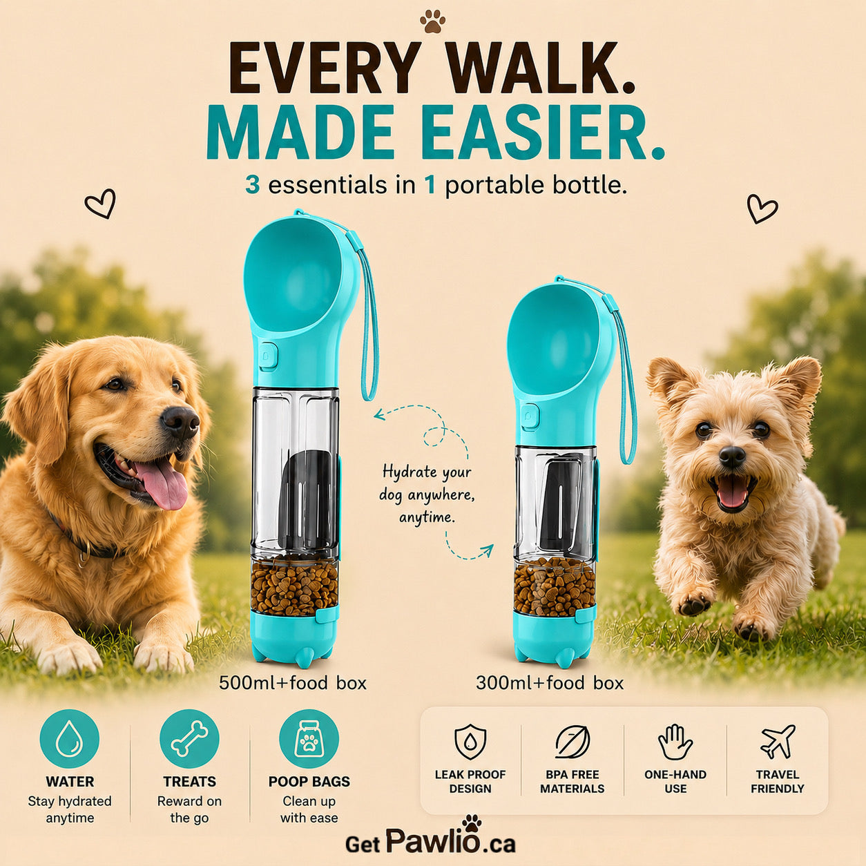 Dog water bottle with food box and poop bag dispenser, featuring two dogs outdoors.